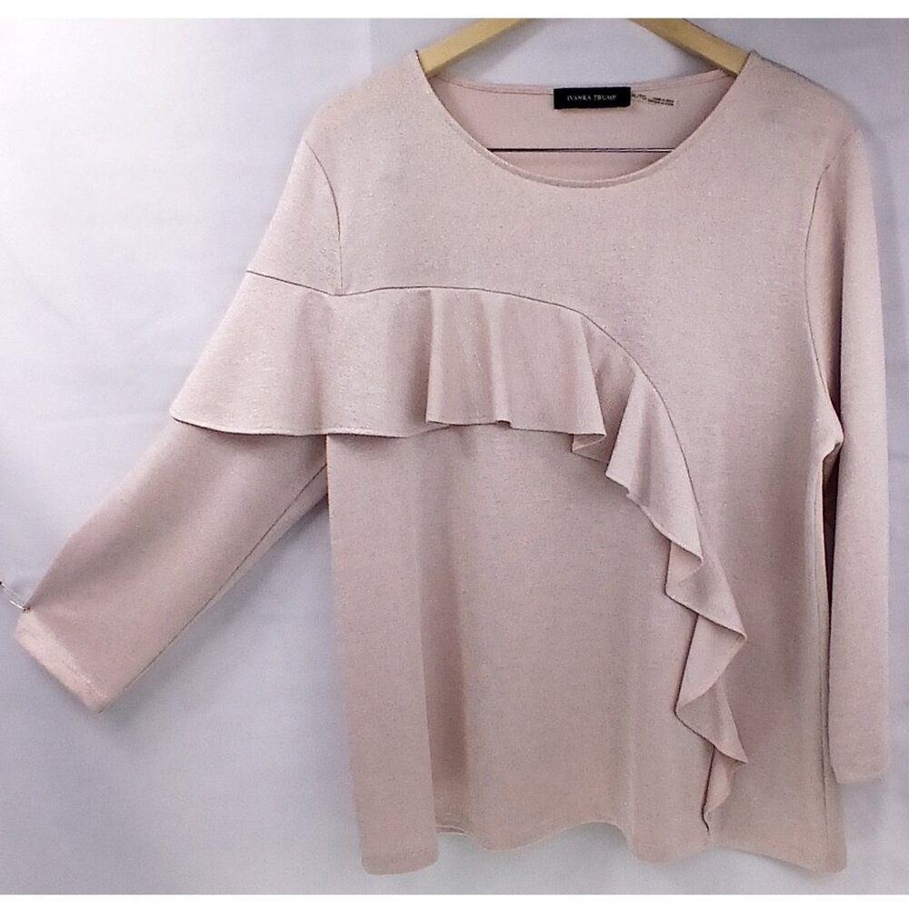 Ivanka Trump Powder Pink Silver Lurex Jersey Top Blouse with Ruffle Front EUC - Picture 4 of 7